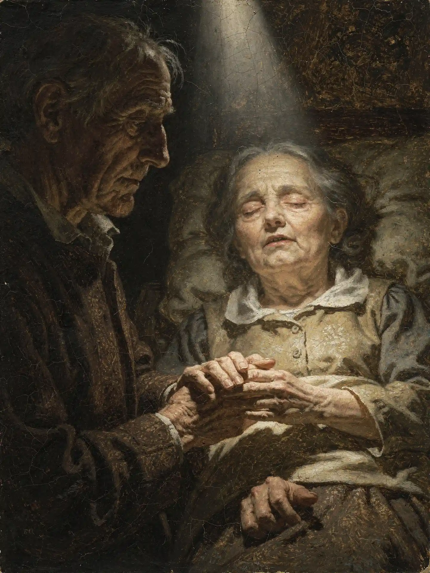 Frail elderly man beside his dying wife in soft light