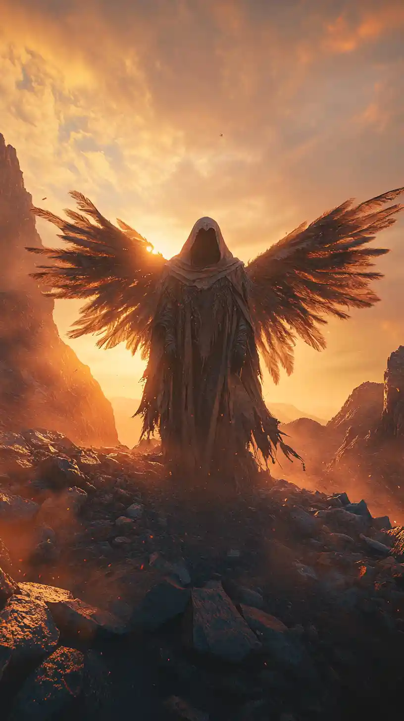 Figura angelical en duna rocosa al atardecer con alas inmensas