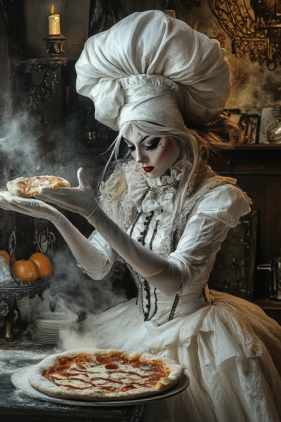 Female chef performing with spinning pizza dough on stage