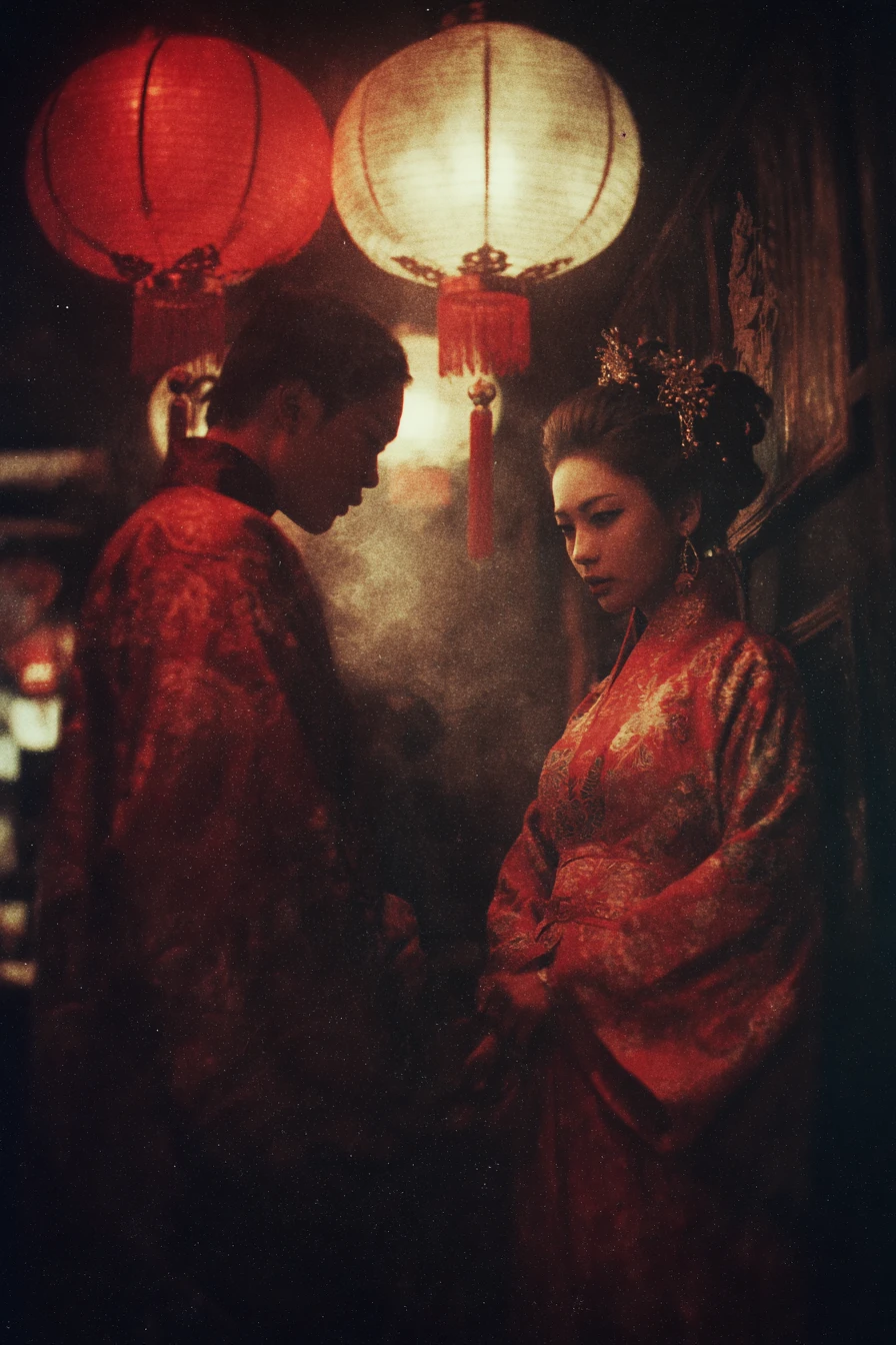 Traditional Chinese bride in red silk under glowing lanterns