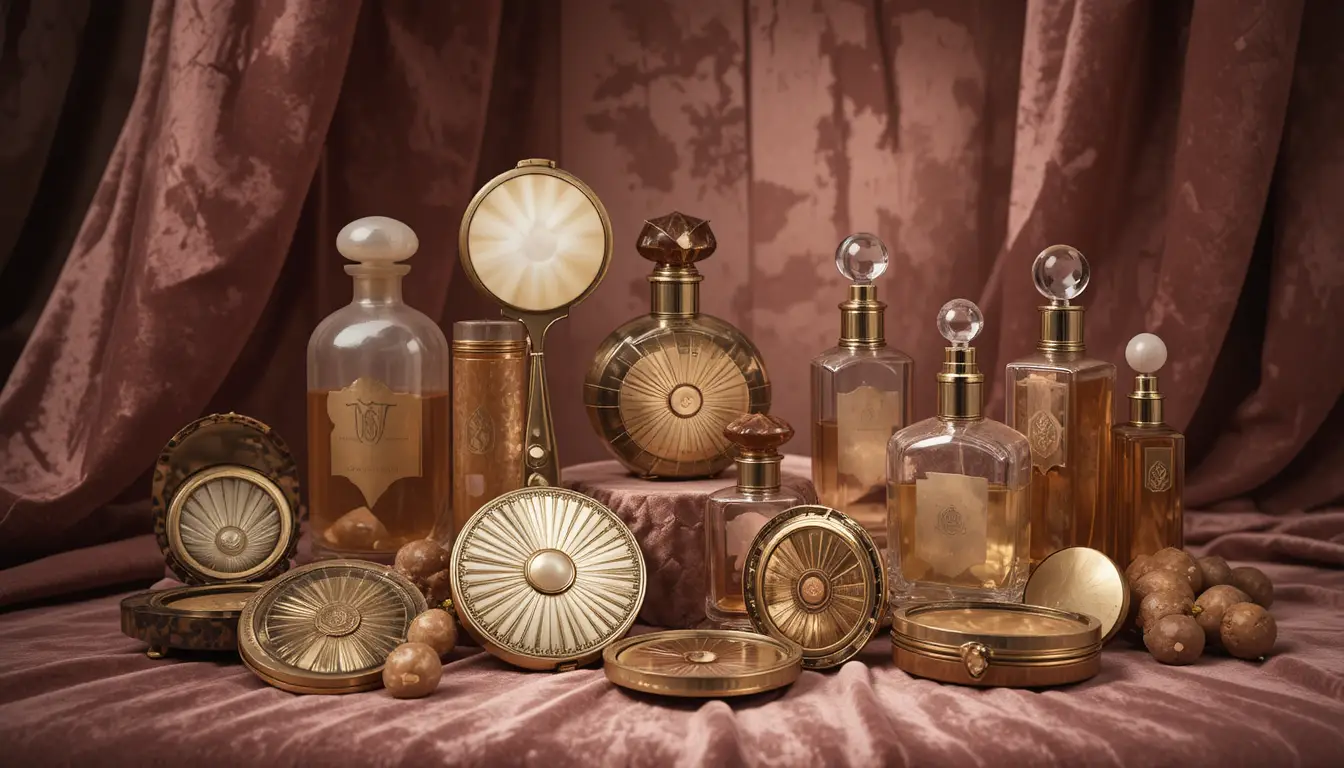 Cosméticos vintage de Hollywood sobre terciopelo a la luz cálida