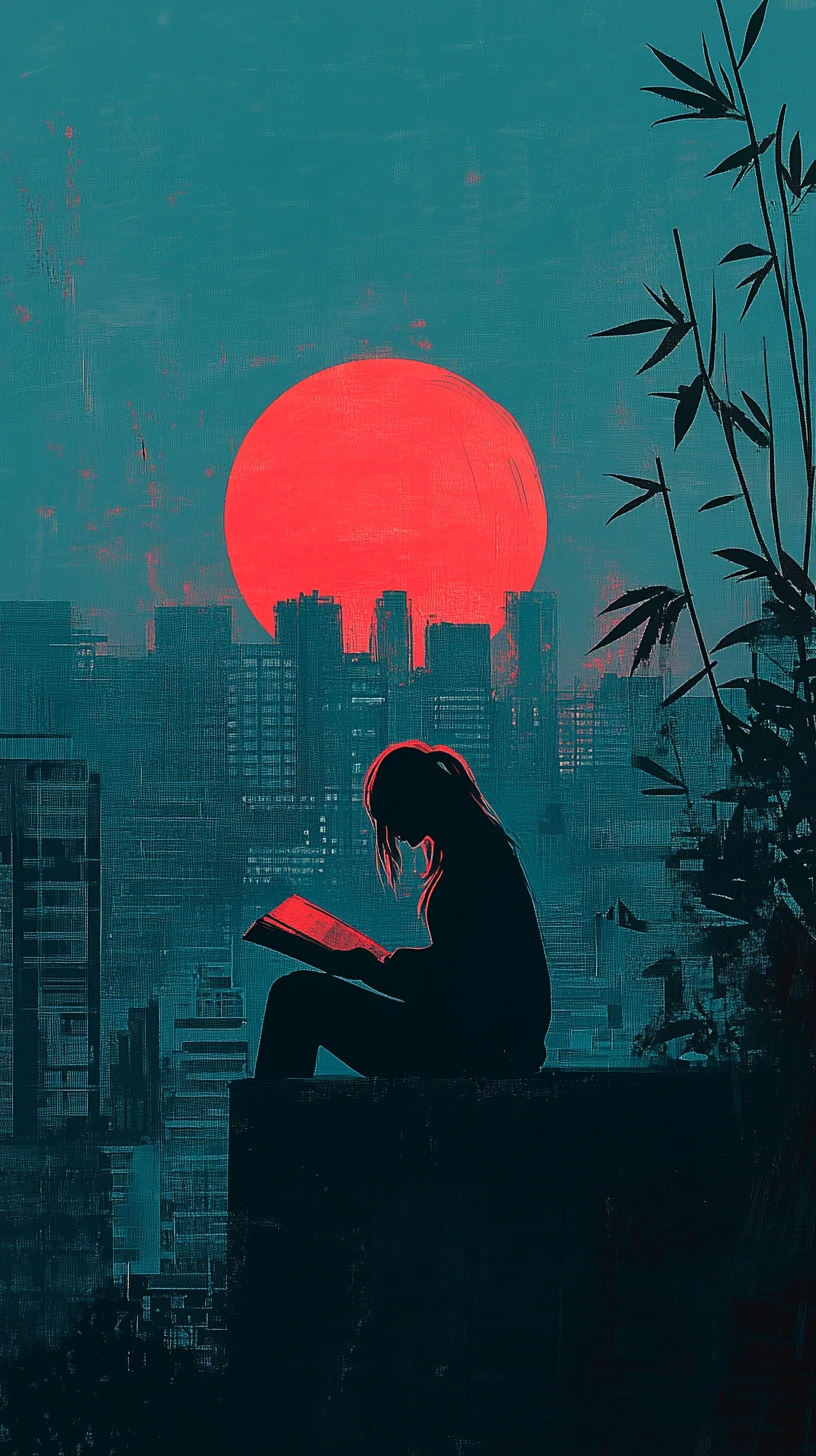 Anime girl reading alone on a city rooftop at sunset
