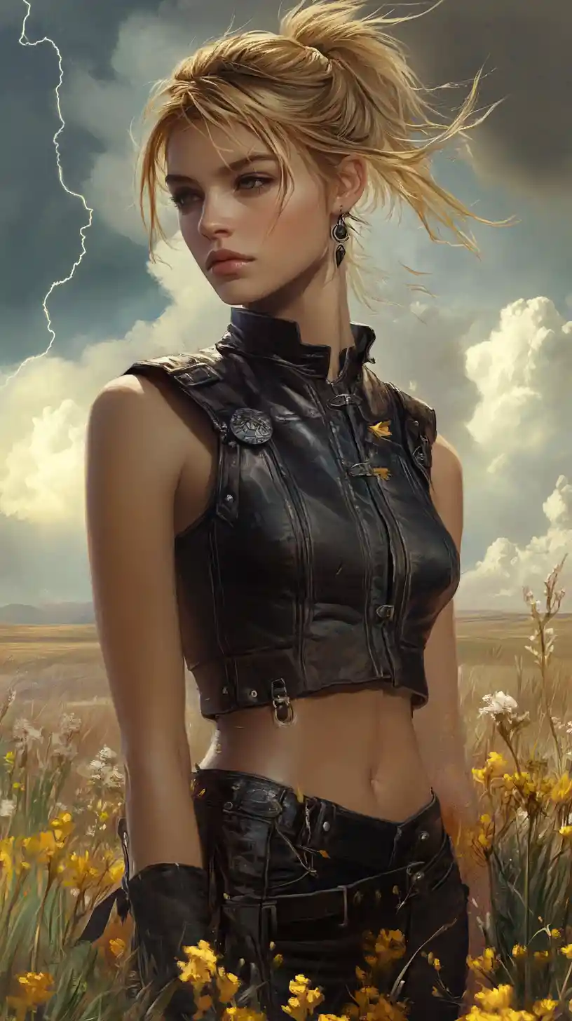 Fantasy portrait of a blonde girl on a stormy prairie