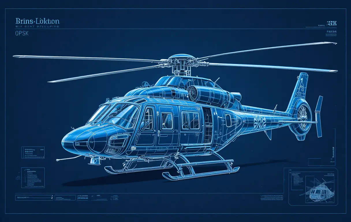 Blueprint style illustration of a detailed helicopter design