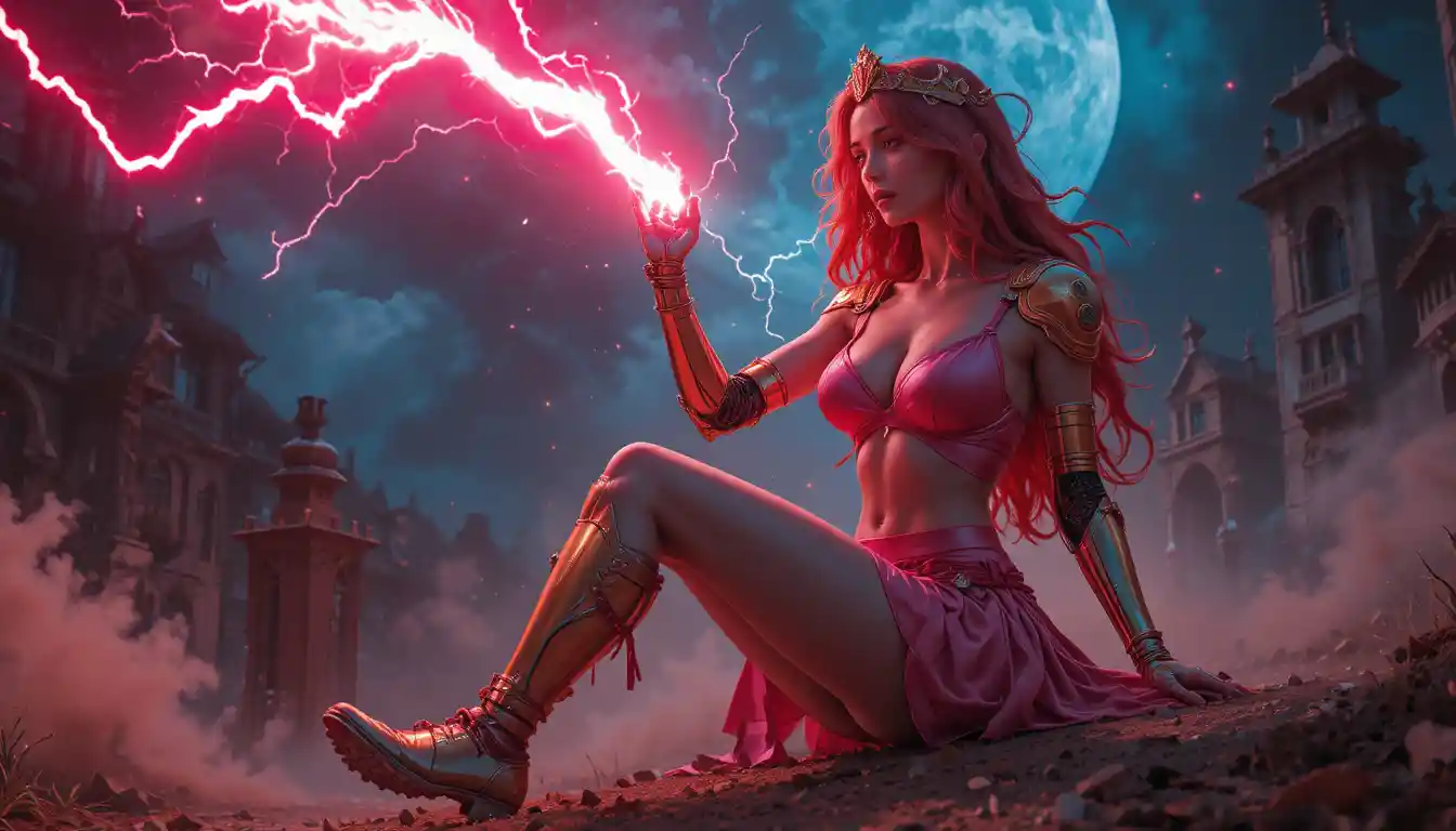 Cyborg-Prinzessin in Pink sitzt auf einem Grab