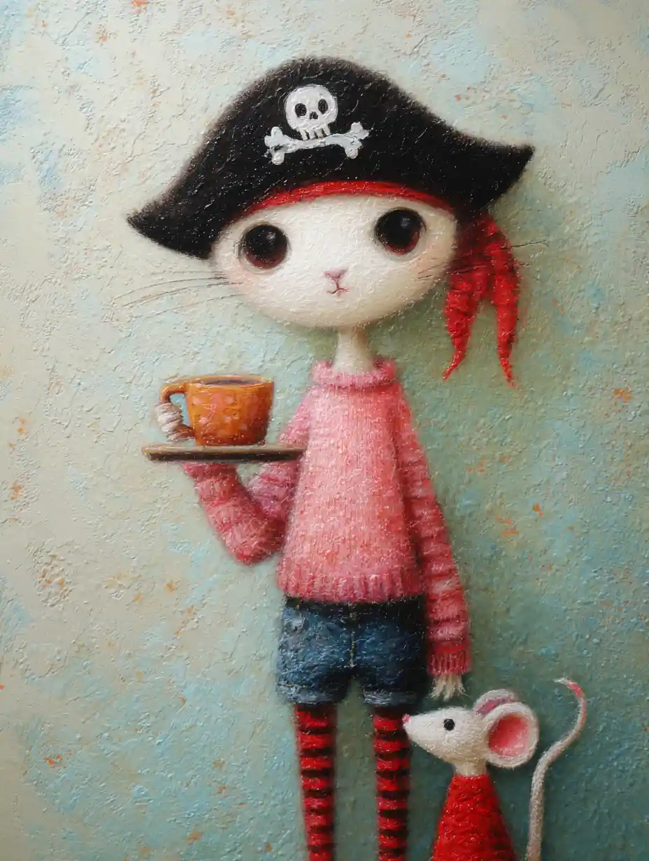 Whimsical cat and mouse breakfast in mixed media portrait