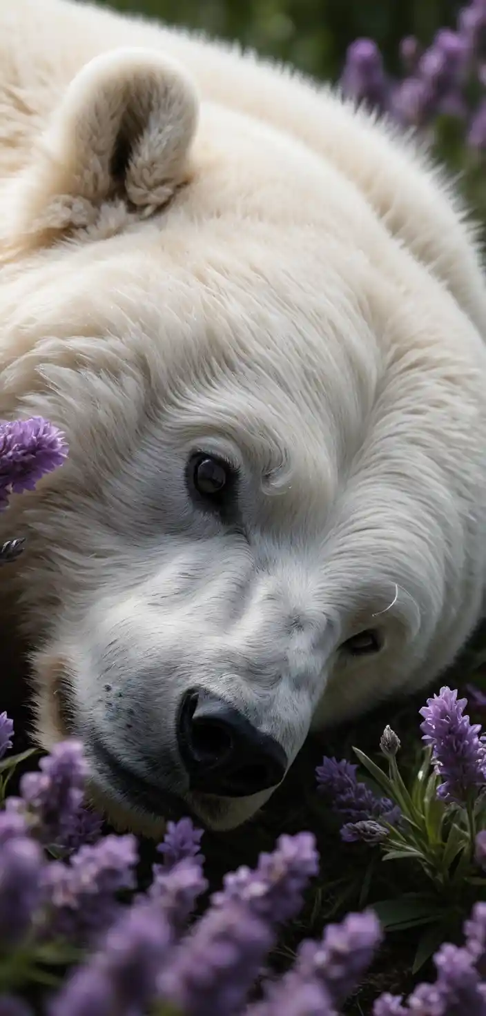 Sleeping polar bear resting in purple flower bed