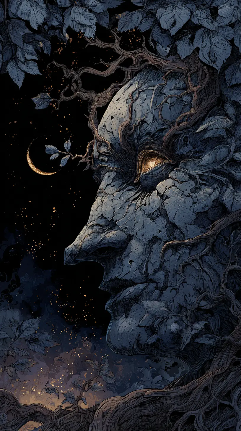 Rostro de luna creciente fusionado con un antiguo árbol retorcido