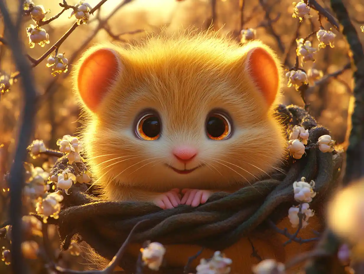 Baby dormouse nestled in hazel catkins at golden hour