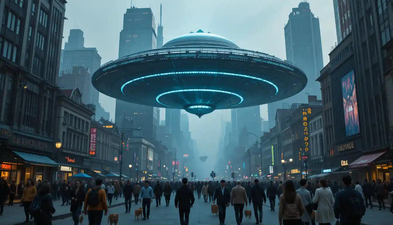 Enorme UFO pairando sobre uma agitada paisagem urbana moderna