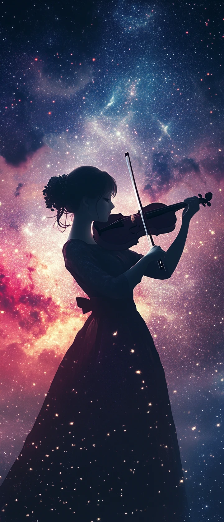 夢のような星空の下でバイオリンを奏でる日本人の少女