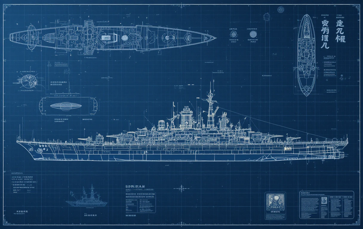 Blueprint illustration of the Japanese battleship Yamato in detail