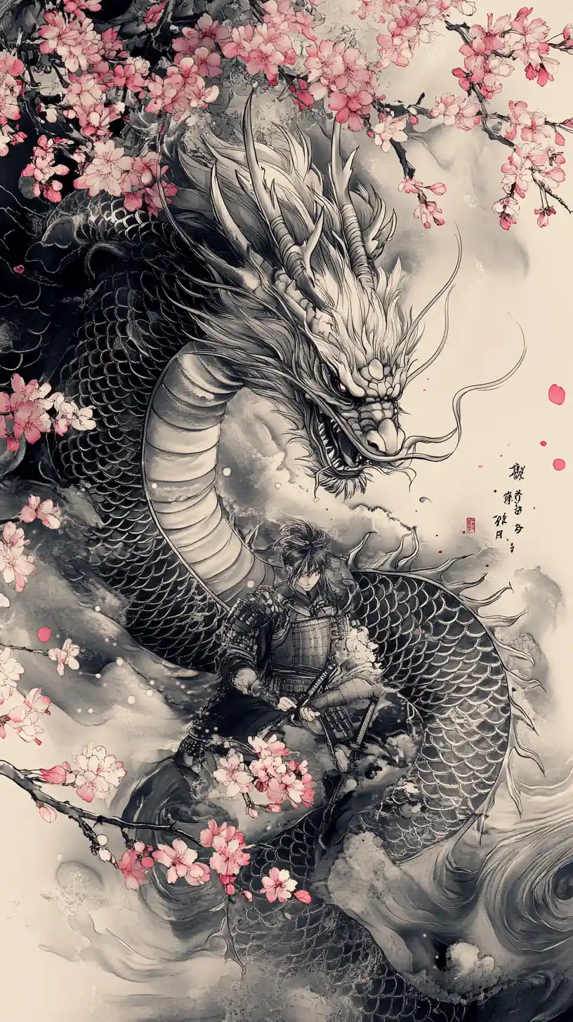 Japanese Dragon Guarding Samurai Among Cherry Blossoms
