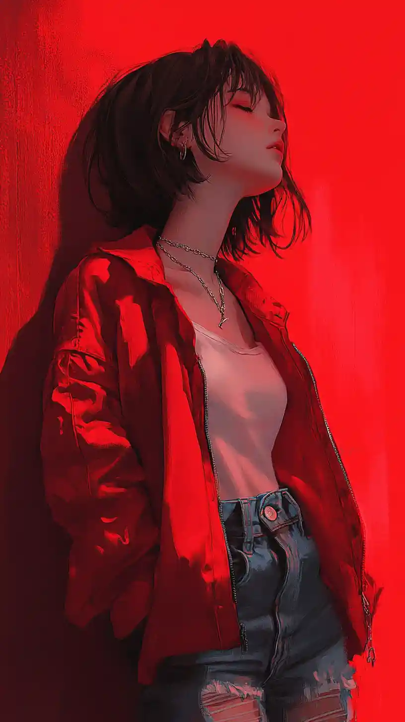 Melancholic anime girl in red jacket looking upward