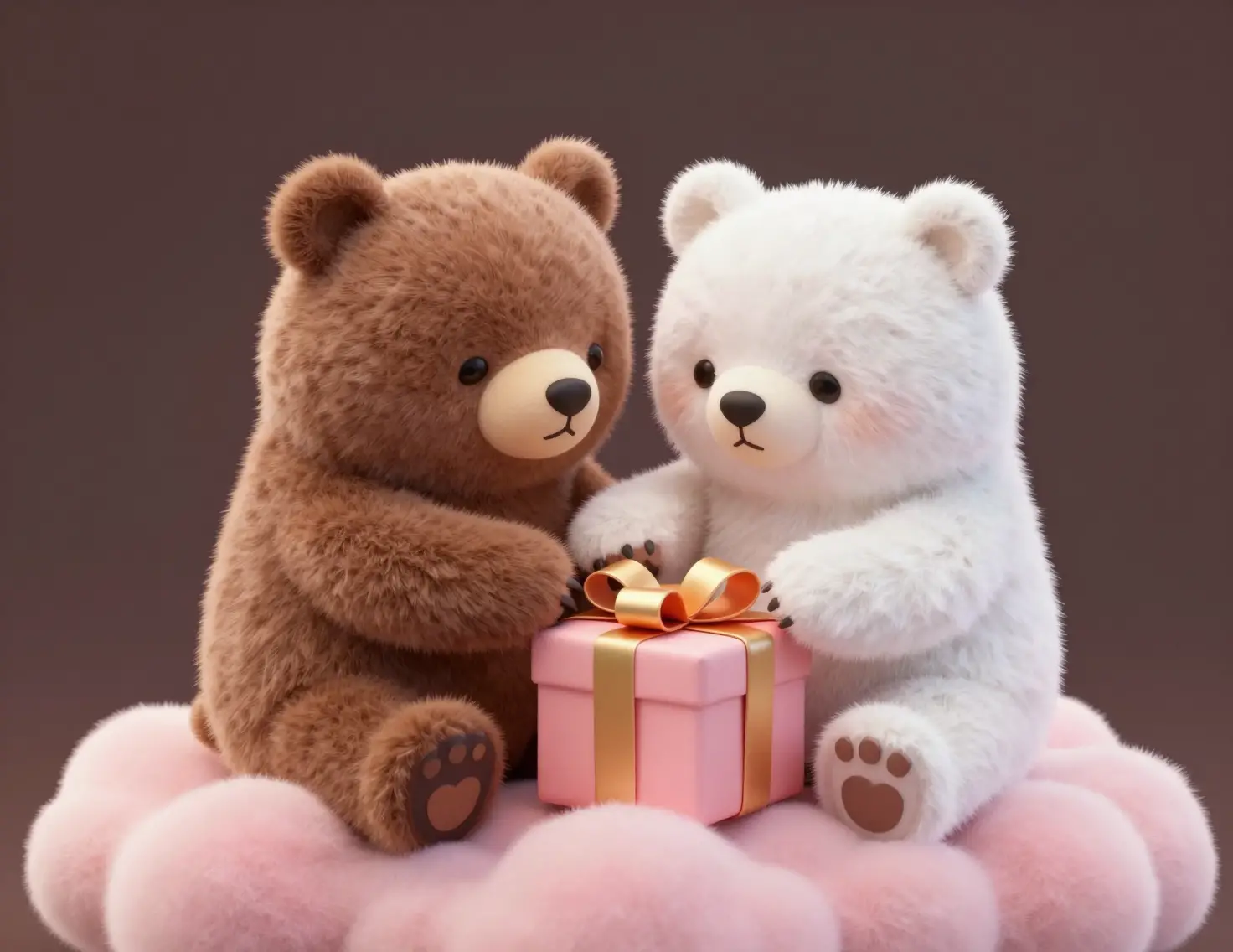 Cute brown and white bears opening a present