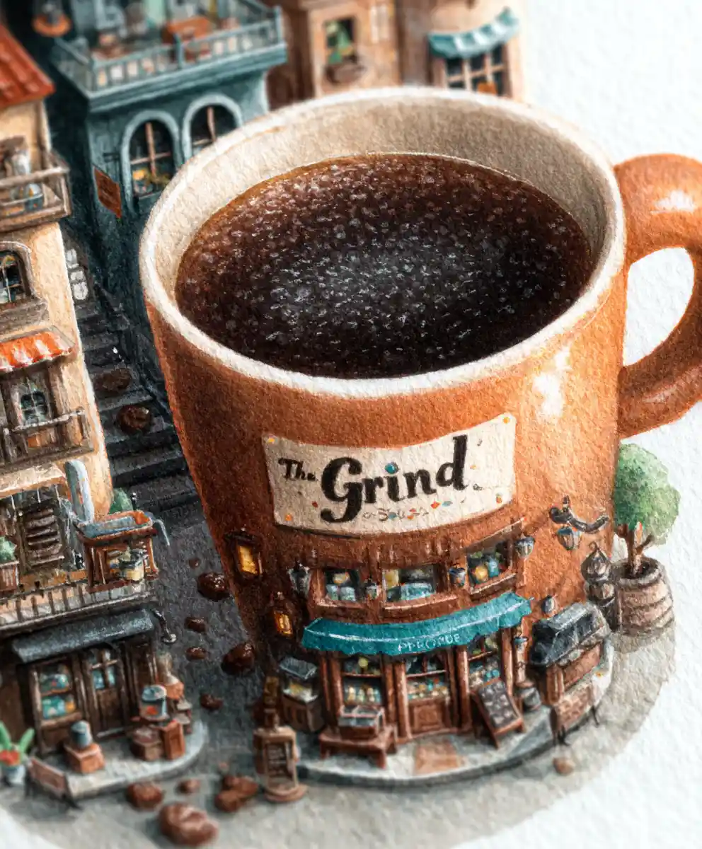 Primissimo piano di tazza di caffè trasformata in un minuscolo café