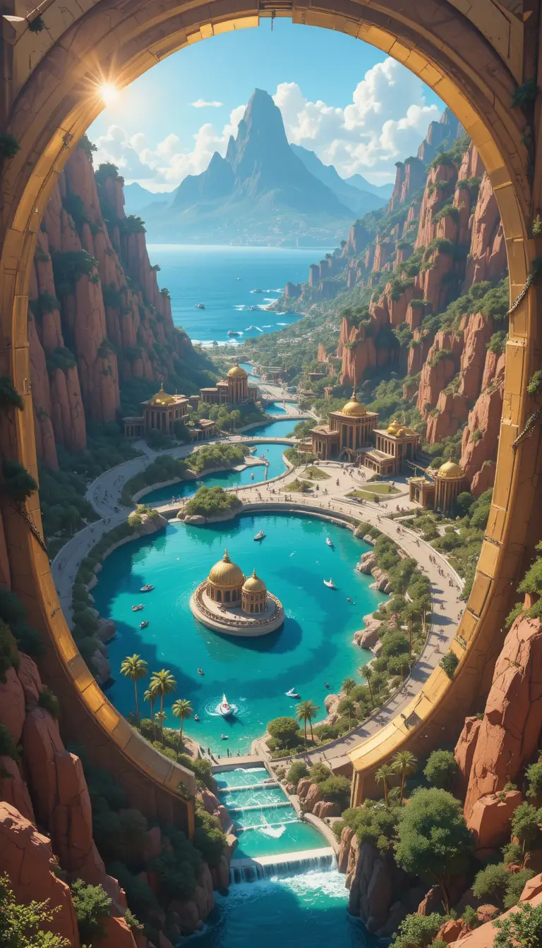 Città costiera utopica vista dall’alto attraverso un portale dorato