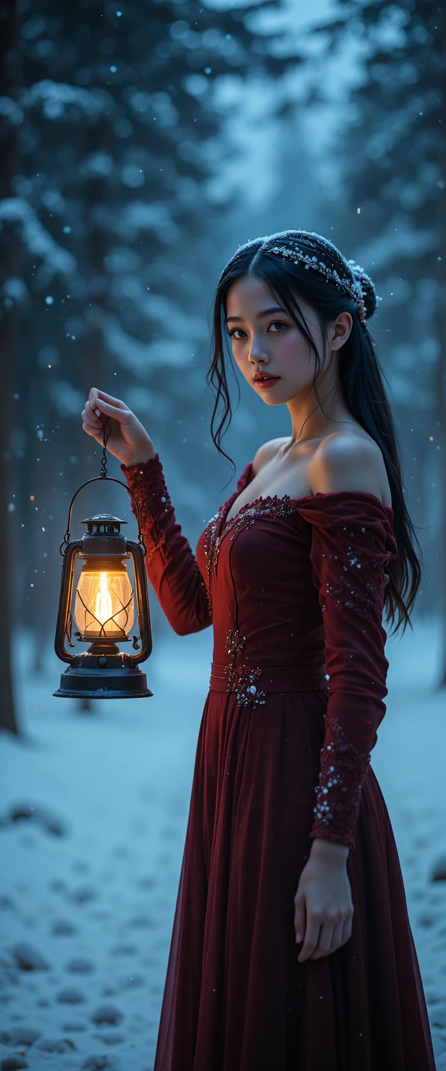Woman with lantern in a snowy winter forest at dusk