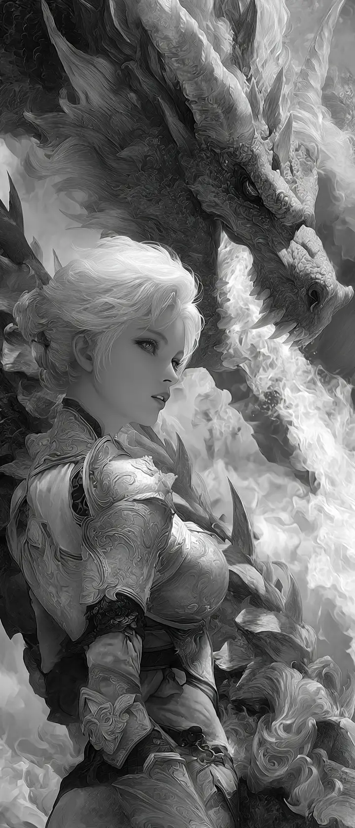 Warrior maiden riding a dragon through fiery clouds