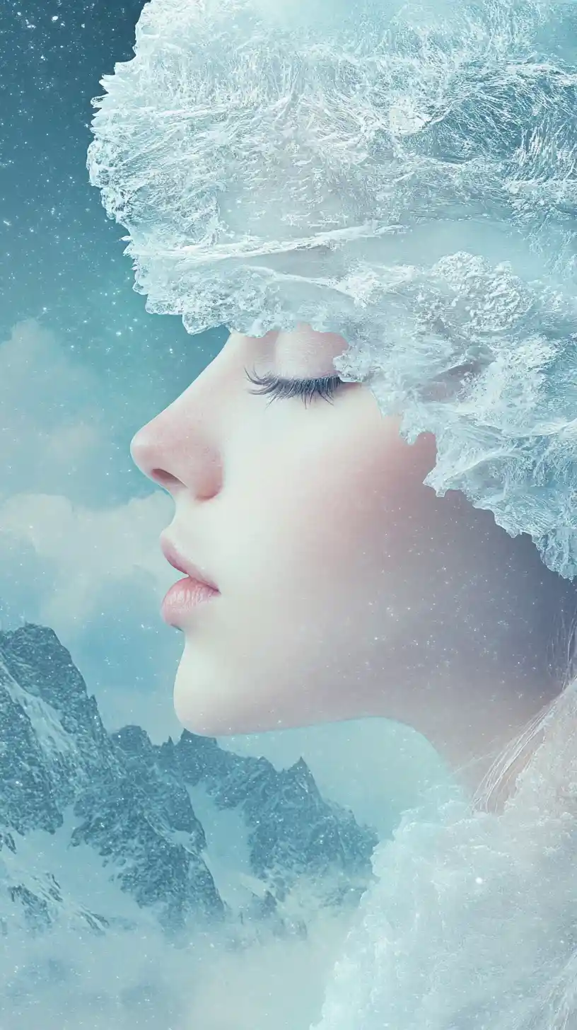 Surreal winter portrait of a woman with snowy mountains