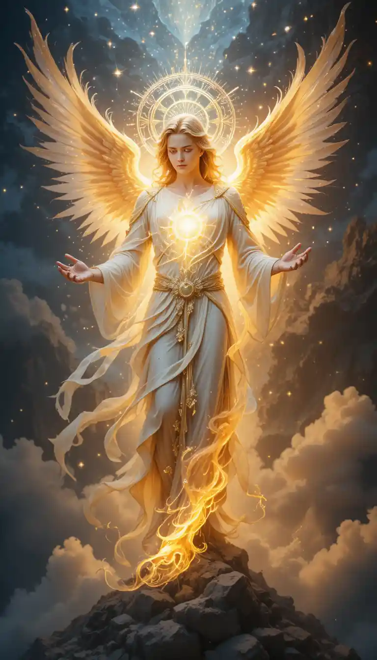 Angelic messenger standing in a radiant heavenly realm