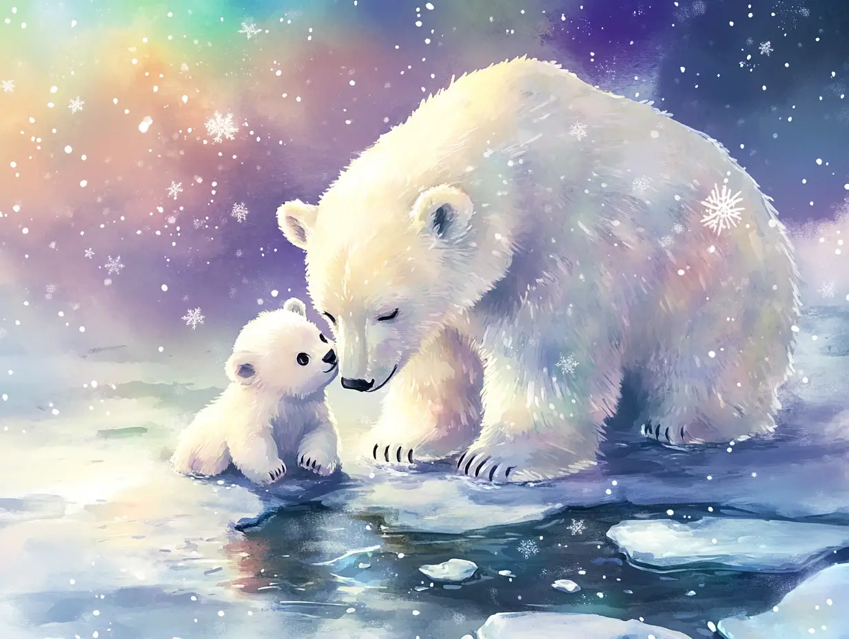 Watercolor polar bear family on shimmering ice at twilight
