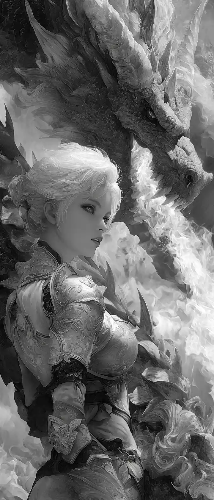 Warrior maiden riding a dragon through fiery clouds