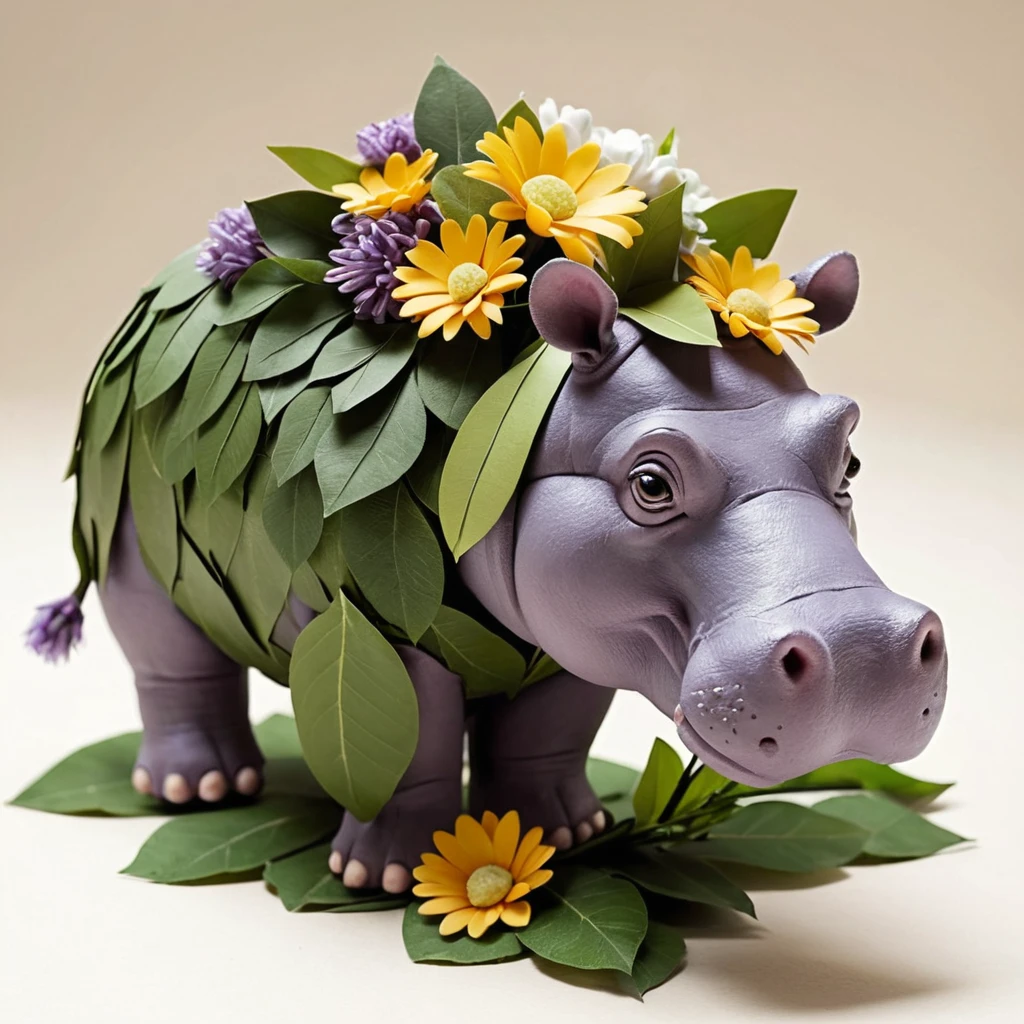 Floral hippopotamus sculpture with baby in leafy water