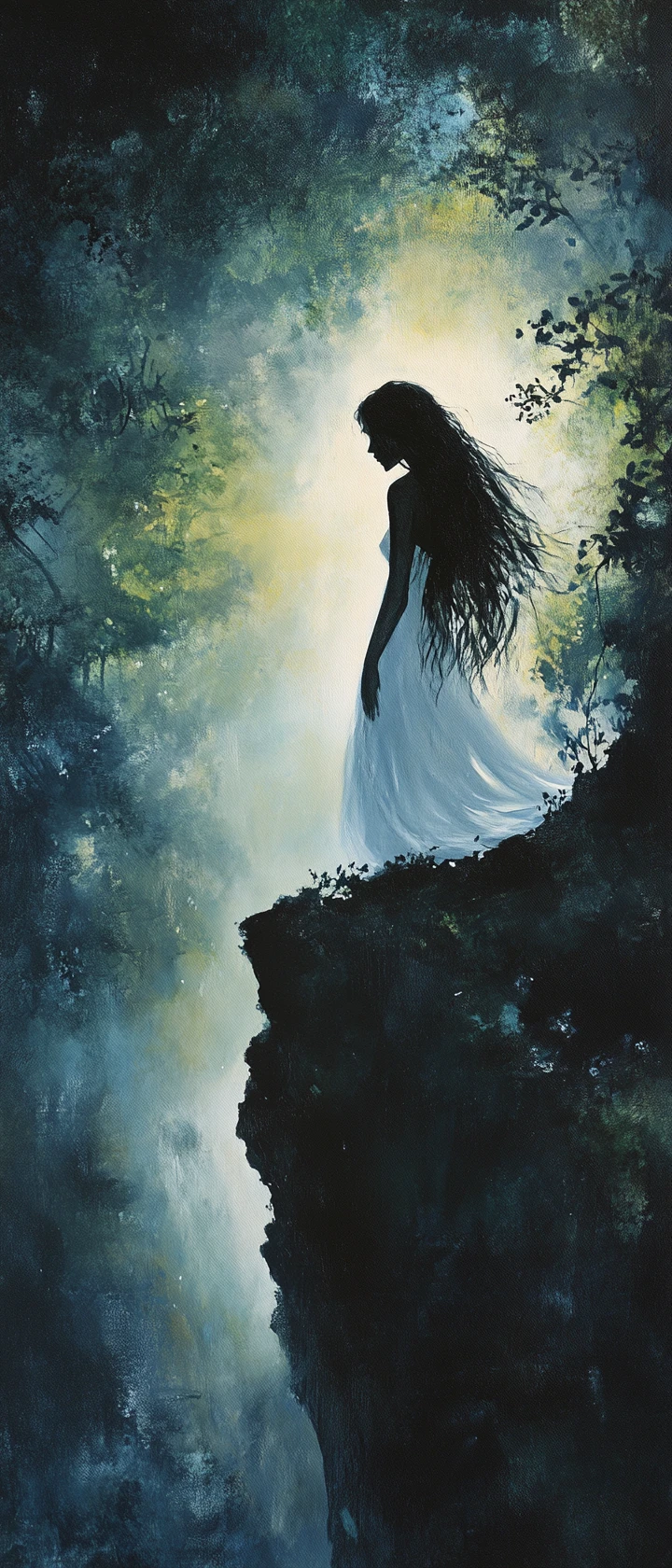 Young woman in torn wedding dress glowing on a cliff