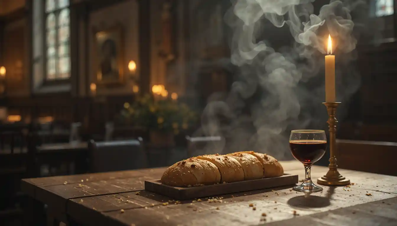 Pan y vino sobre un altar de madera en una iglesia iluminada por velas