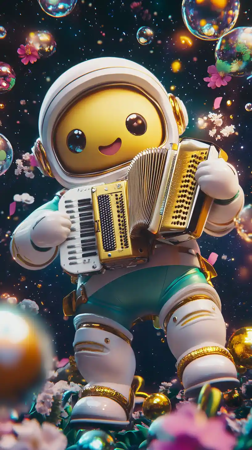 Cheerful Banana Creature Playing Accordion In Space