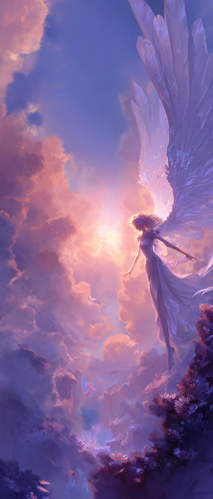 Winged celestial figure over misty valley at sunrise