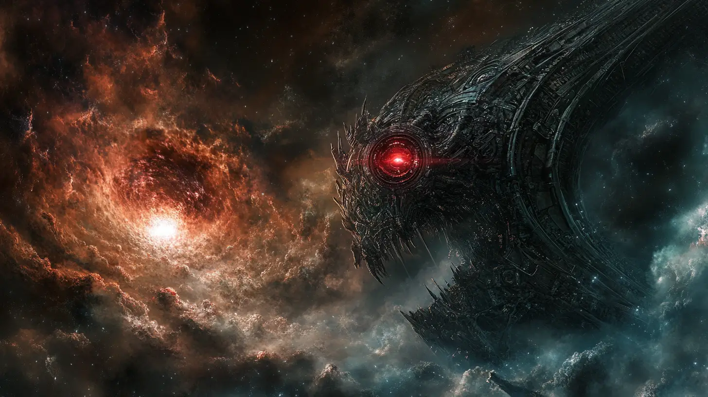 Biomechanical leviathan emerging from a dark swirling nebula