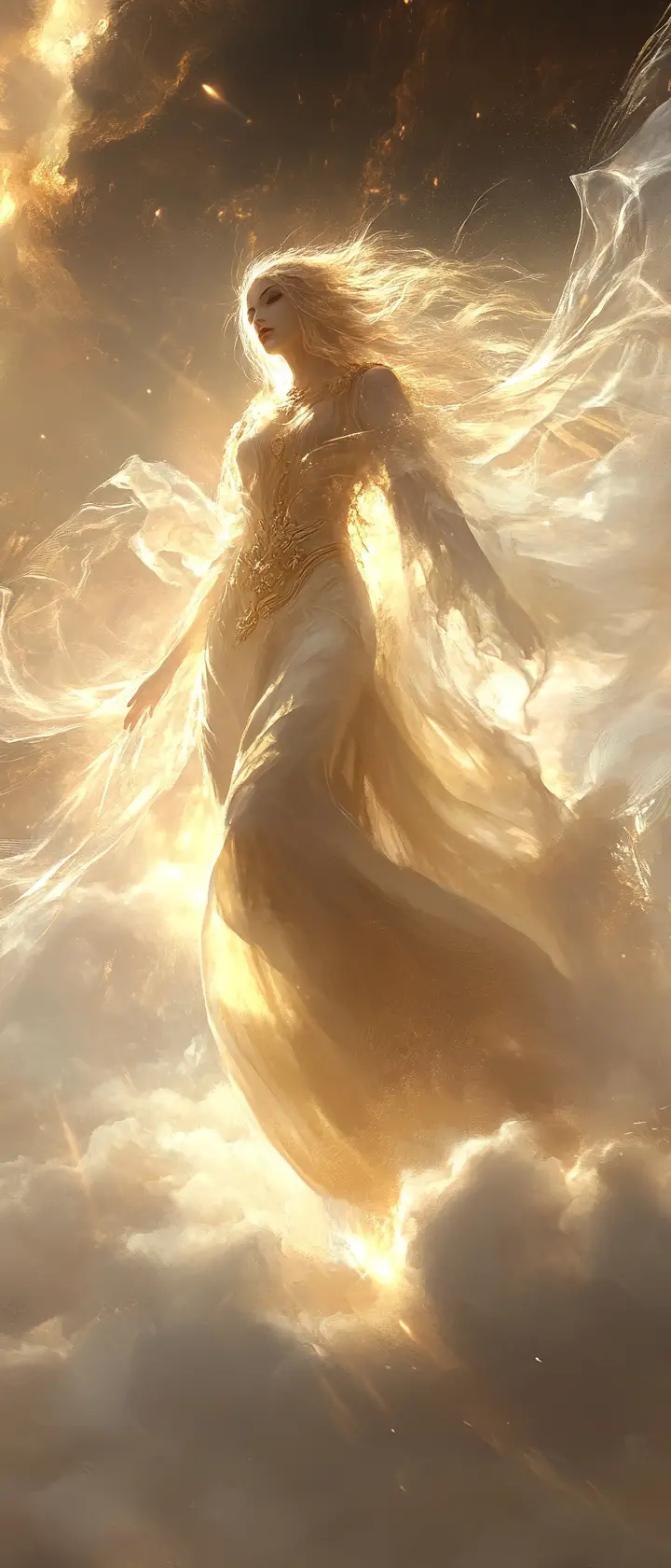 Ethereal female deity walking across sunlit clouds