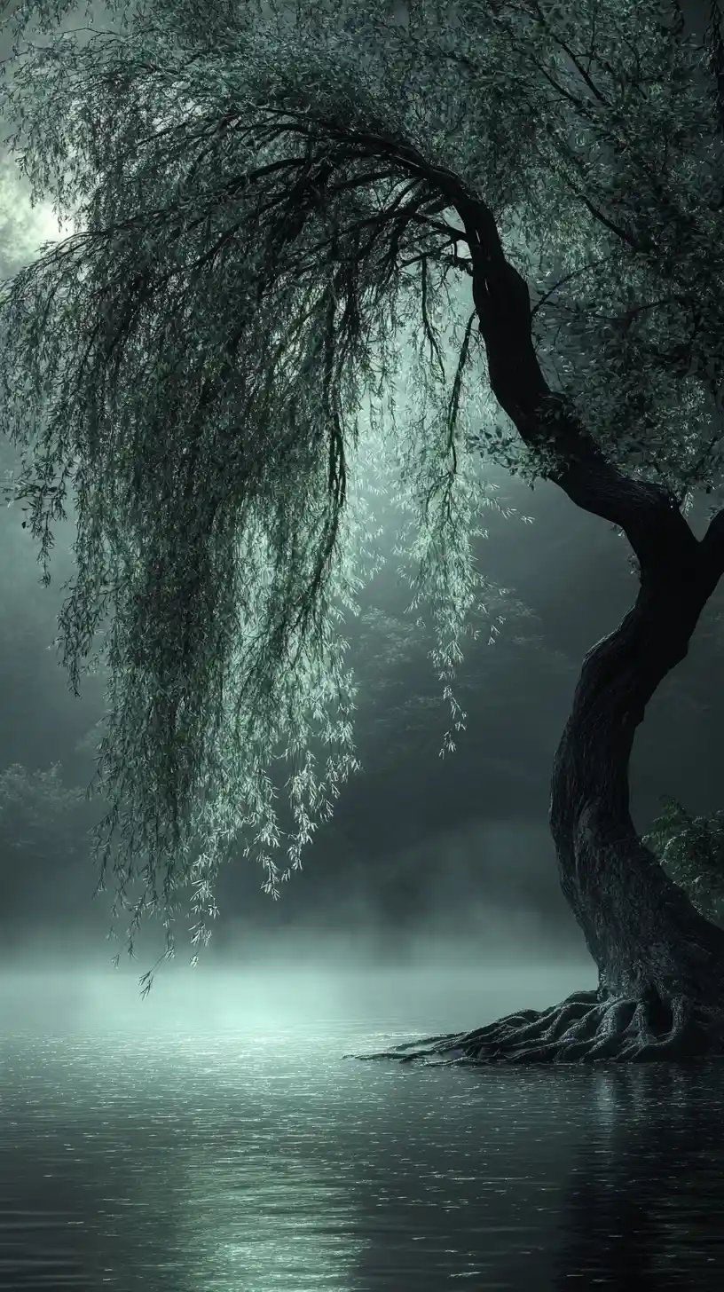 Ancient Willow Beside A Misty Moonlit Lakeside