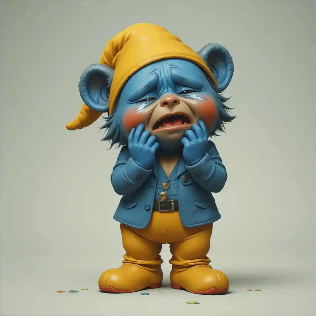 Small blue suited bear crying with a yellow cap