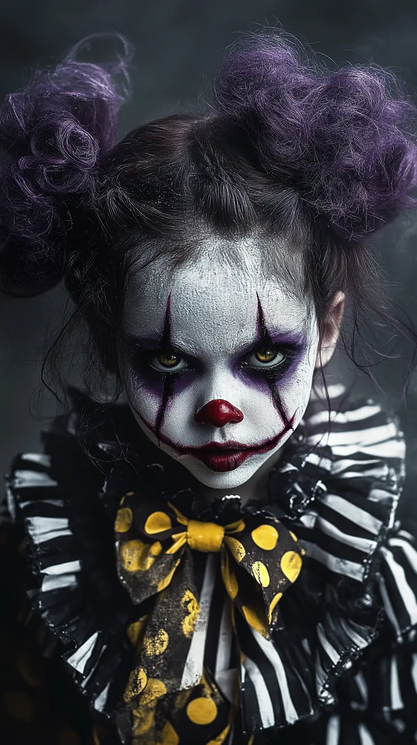 Scary clown girl with dripping makeup and smoke