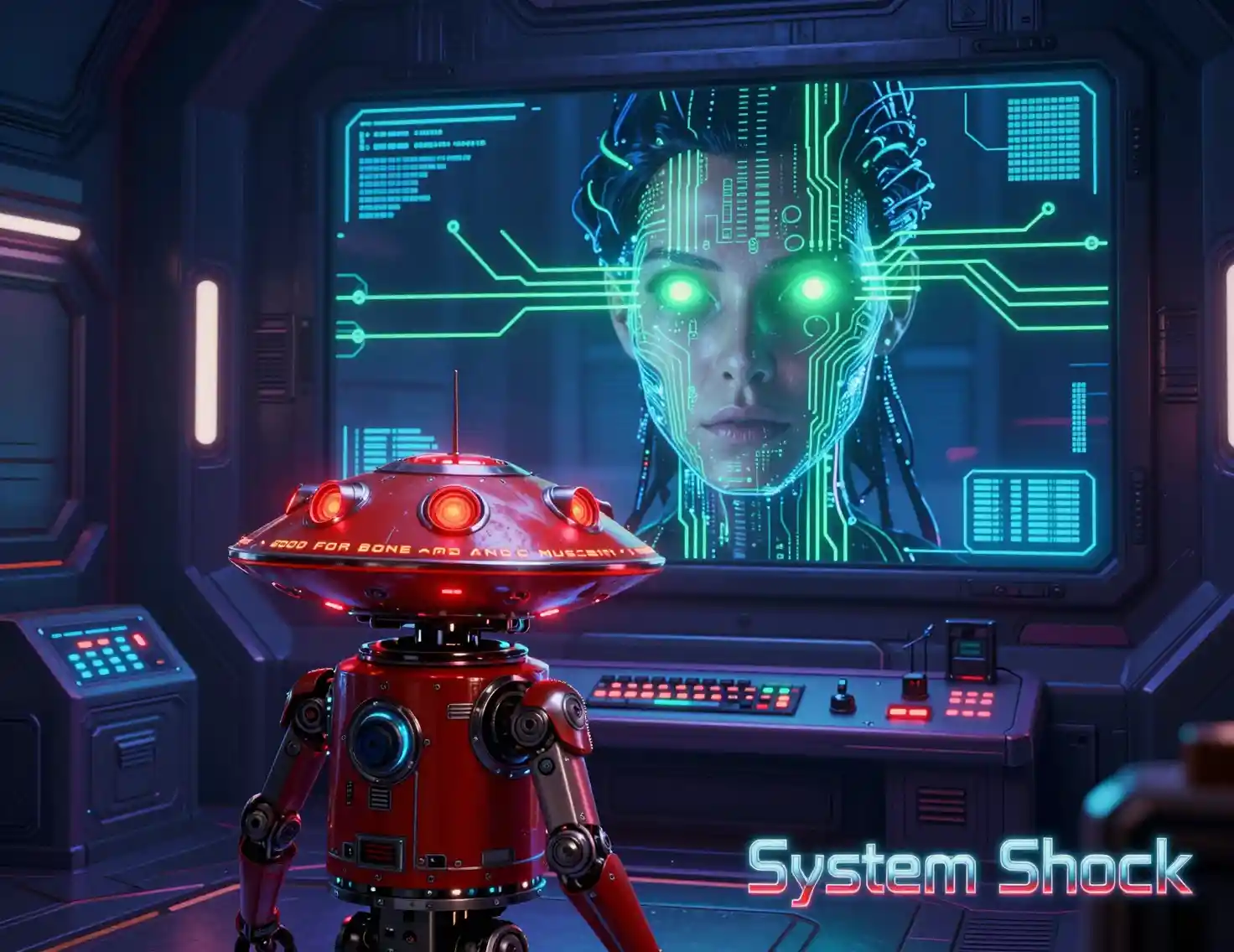 Futuristic robot before glowing cyborg face in control room