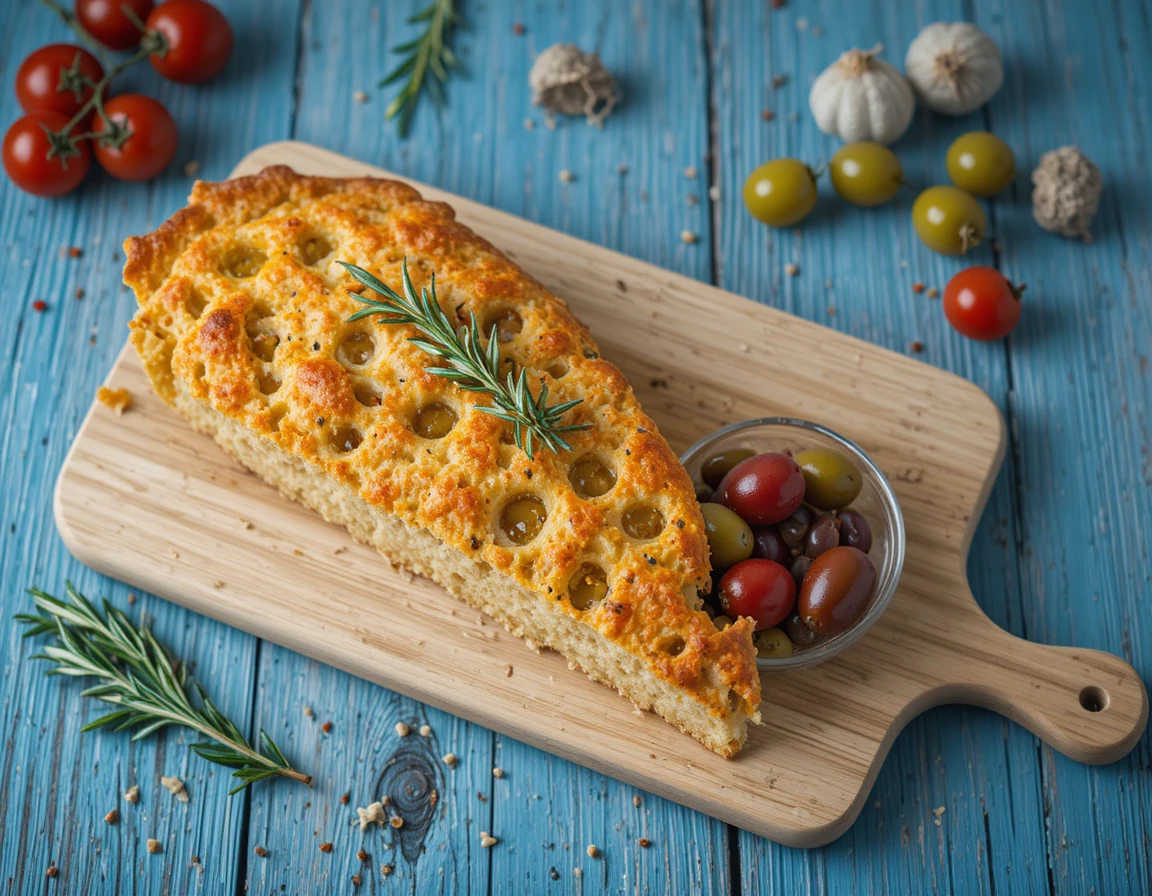 Pan focaccia italiano con aceitunas sobre madera rústica