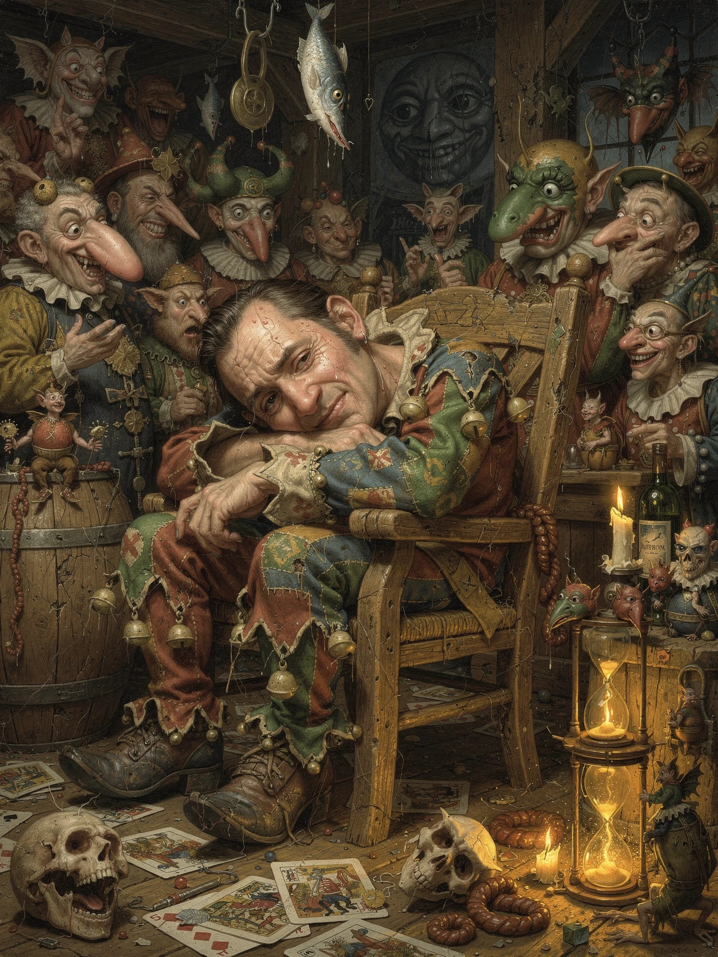 Drunken harlequin in a candlelit carnival audience scene