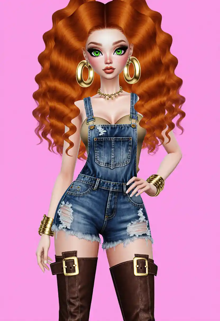 Ginger haired woman in denim overalls at pink ice bar