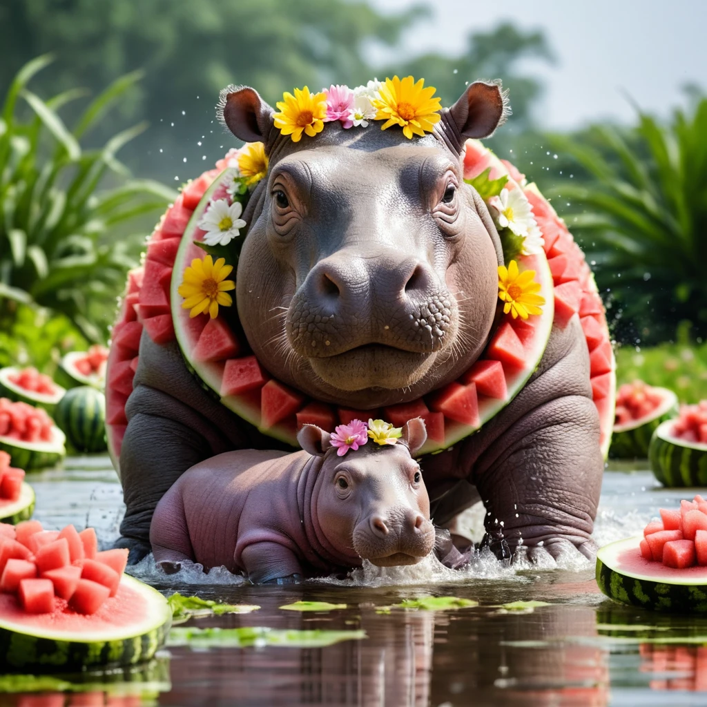 Hippo And Floral Baby Hippo Splashing In Watermelon Pool