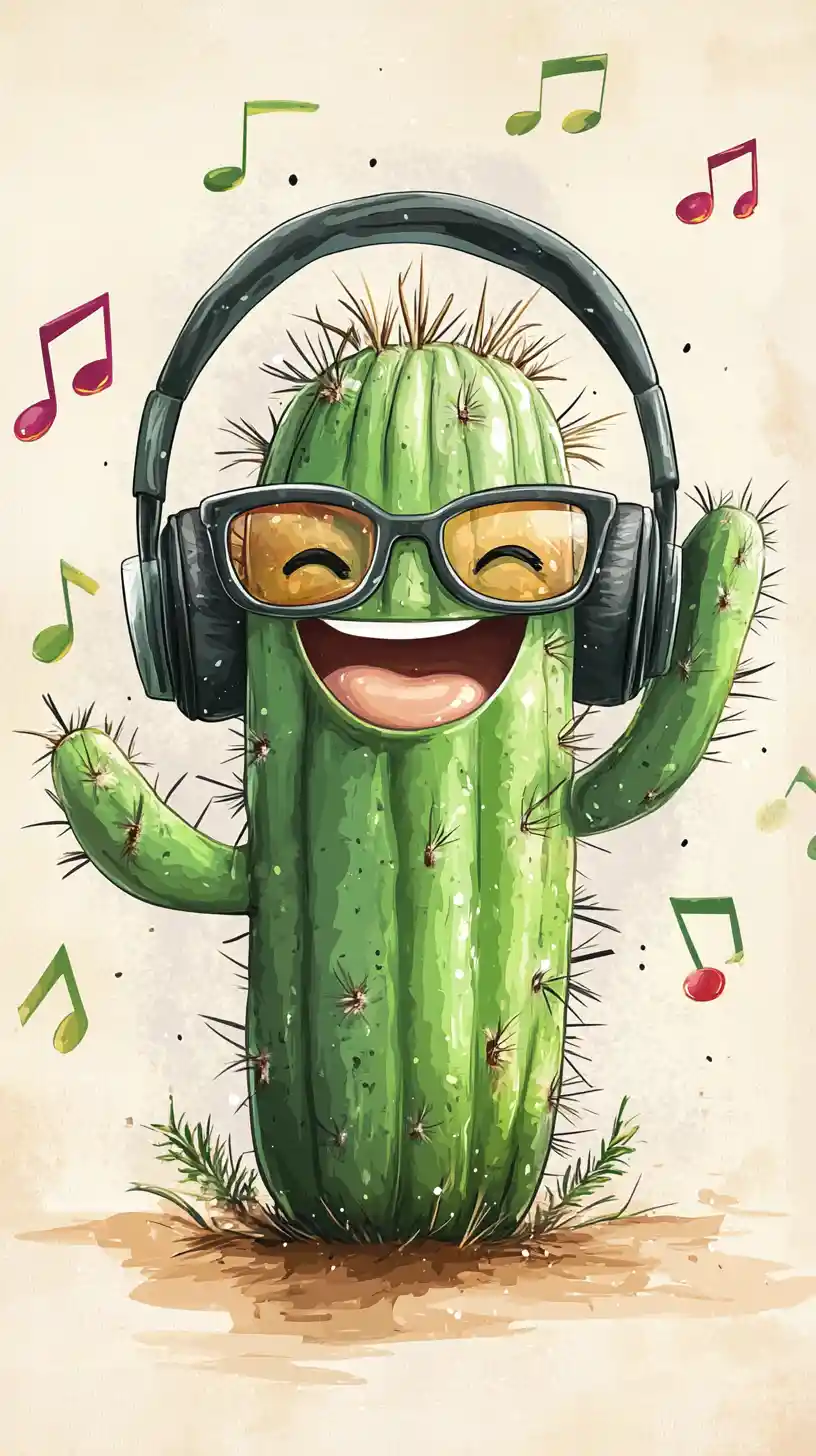 Cactus carino con cuffie in divertente pittura digitale