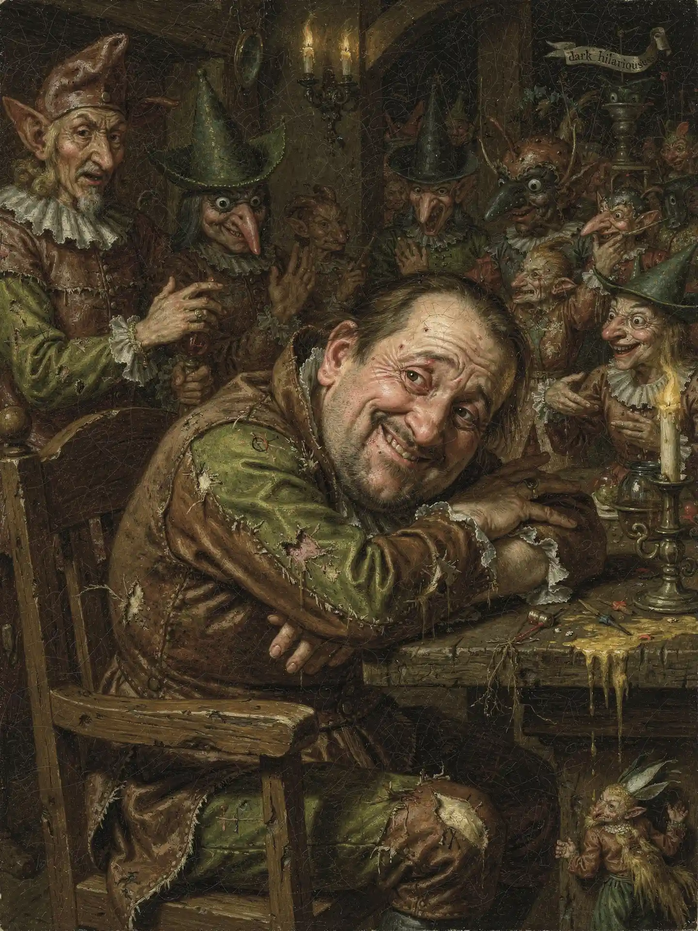 Drunken harlequin man in a dark carnival audience