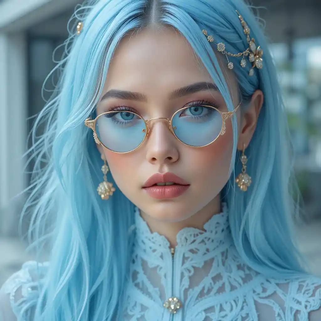 Streetwear moderno azul gelo com detalhes em dourado e renda