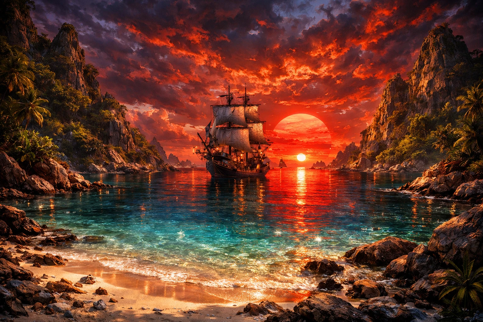 Surreale tropische Bucht bei Sonnenuntergang mit Schiff und klarem Wasser