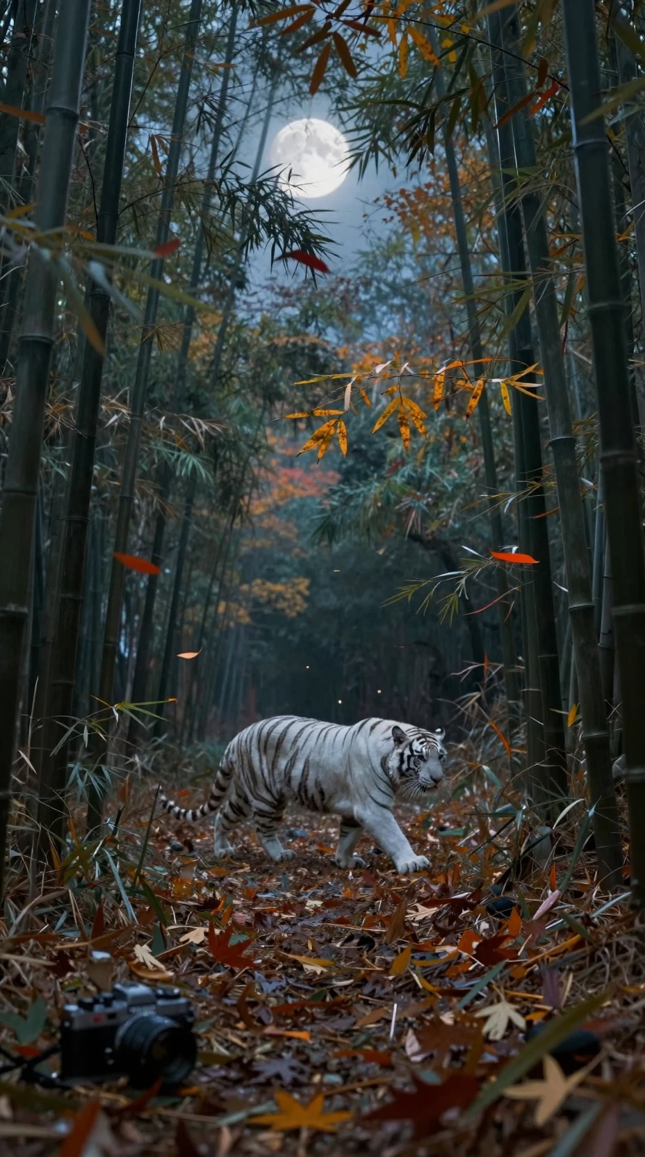 Escena de bosque otoñal con tigre blanco a la luz de la luna
