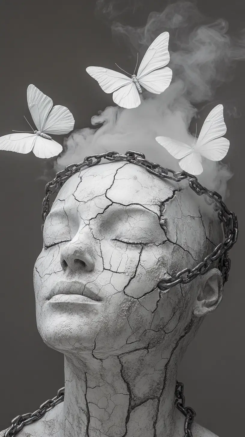 Surreal stone like human portrait wrapped in heavy chains