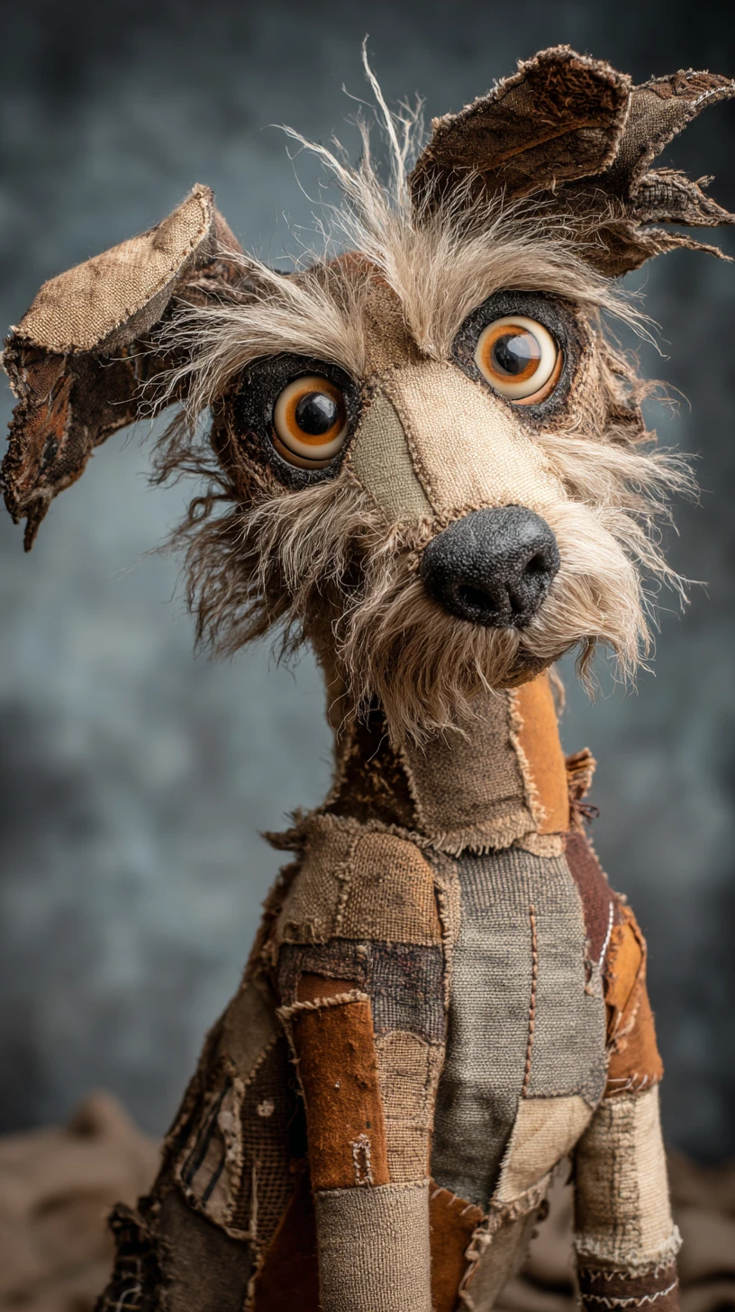 Verspielte Mixed-Media-Terrier-Hundeskulptur mit bernsteinfarbenen Augen