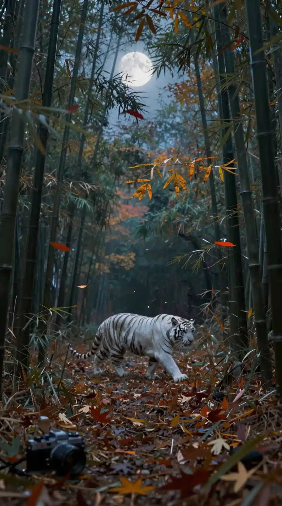Scena di foresta autunnale con tigre bianca al chiaro di luna